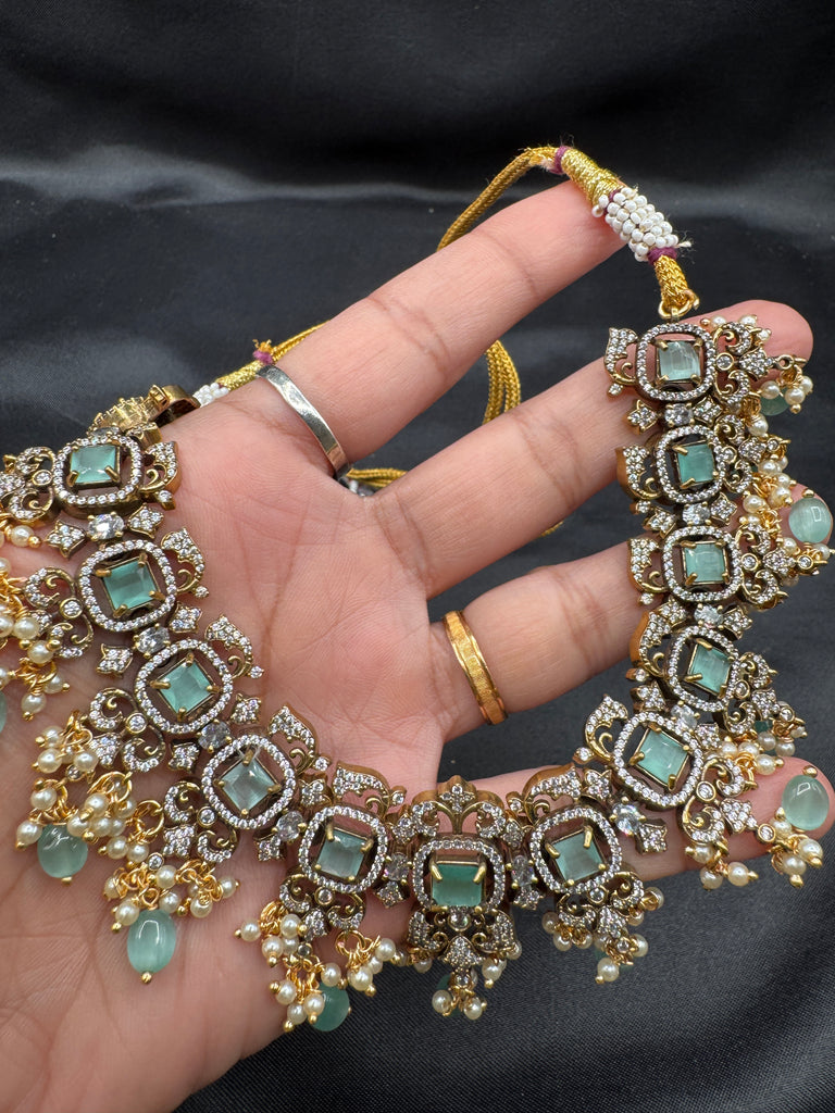 Light Green stones with Swarovski pearls trendy necklace set