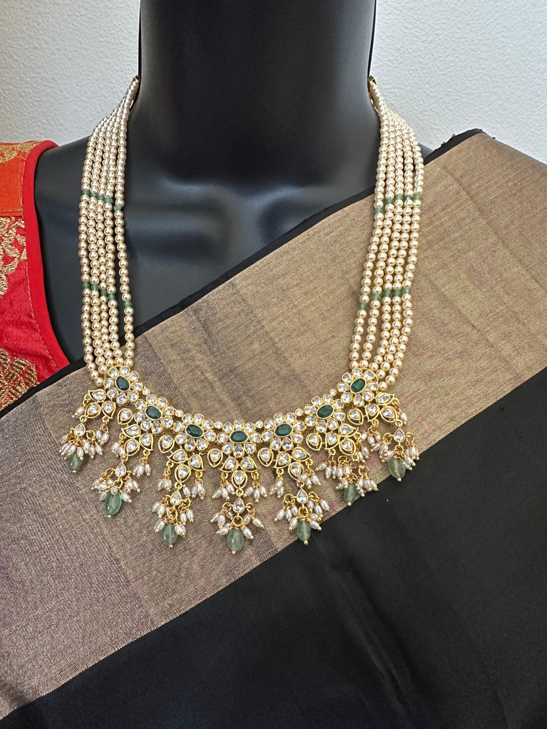 Original Swarovski pearls with emerald beads with cz stones pendant with matching earrings