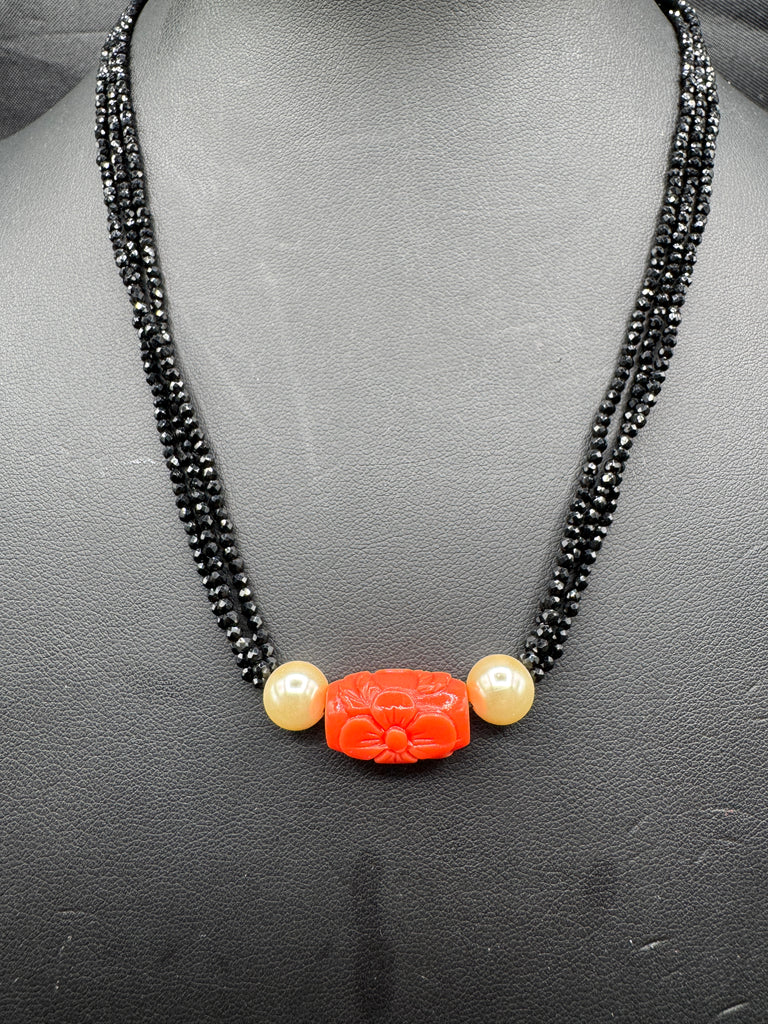 Natural Coral engraved flower with Swarovski pearls black diamond beads chain