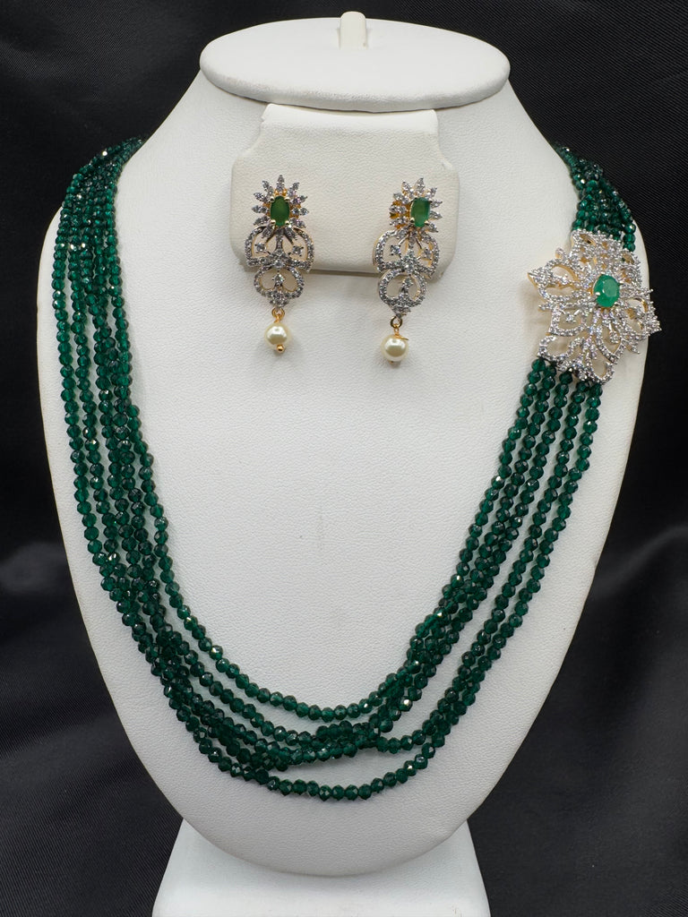 Emerald beads chain with CZ stones pendant with matching earrings