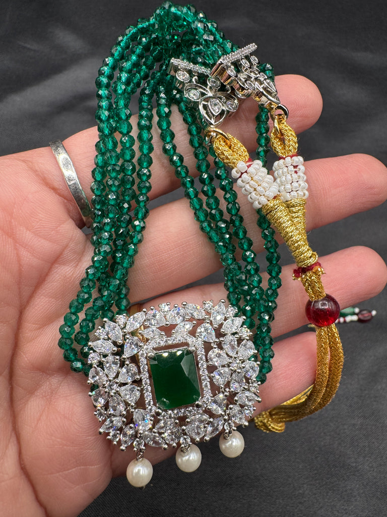 Emerald beads with cute CZ stones small pendant with matching earrings