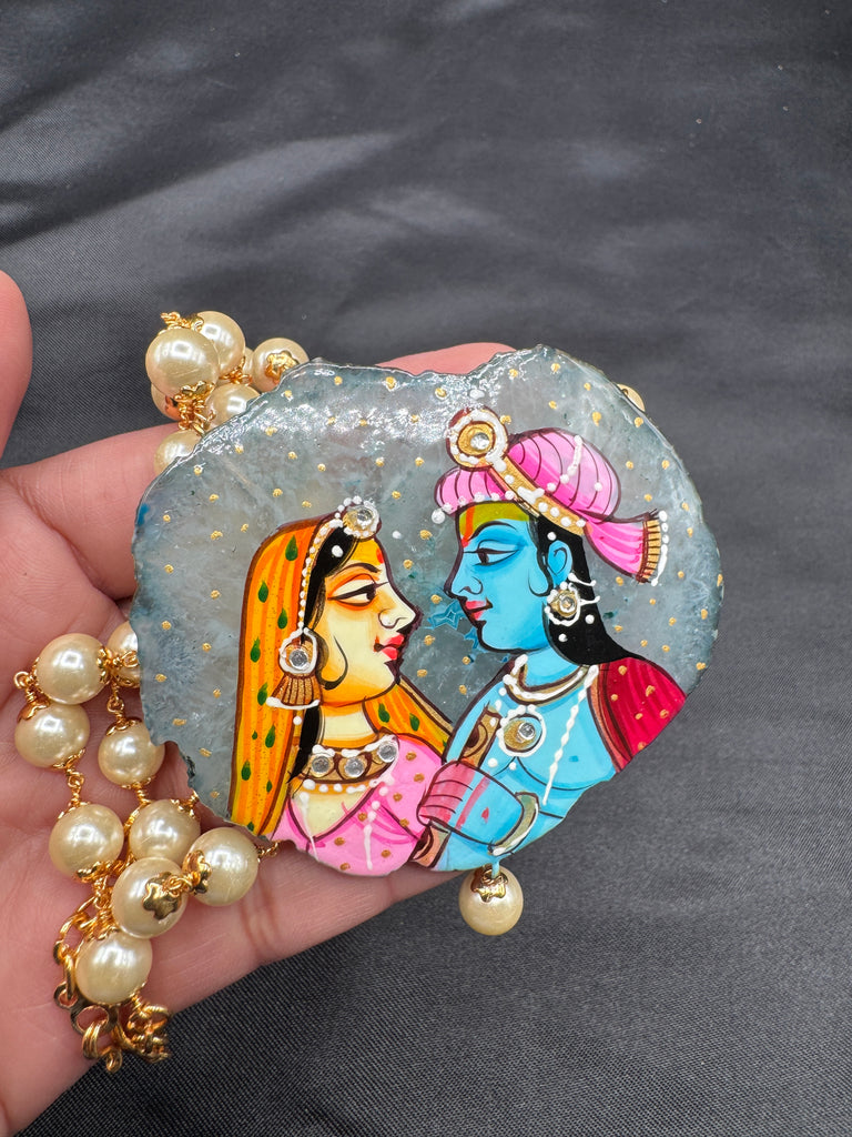 Light gray natural sea crystal hand painting Radha & Krishna pendant with Swarovski pearls chain