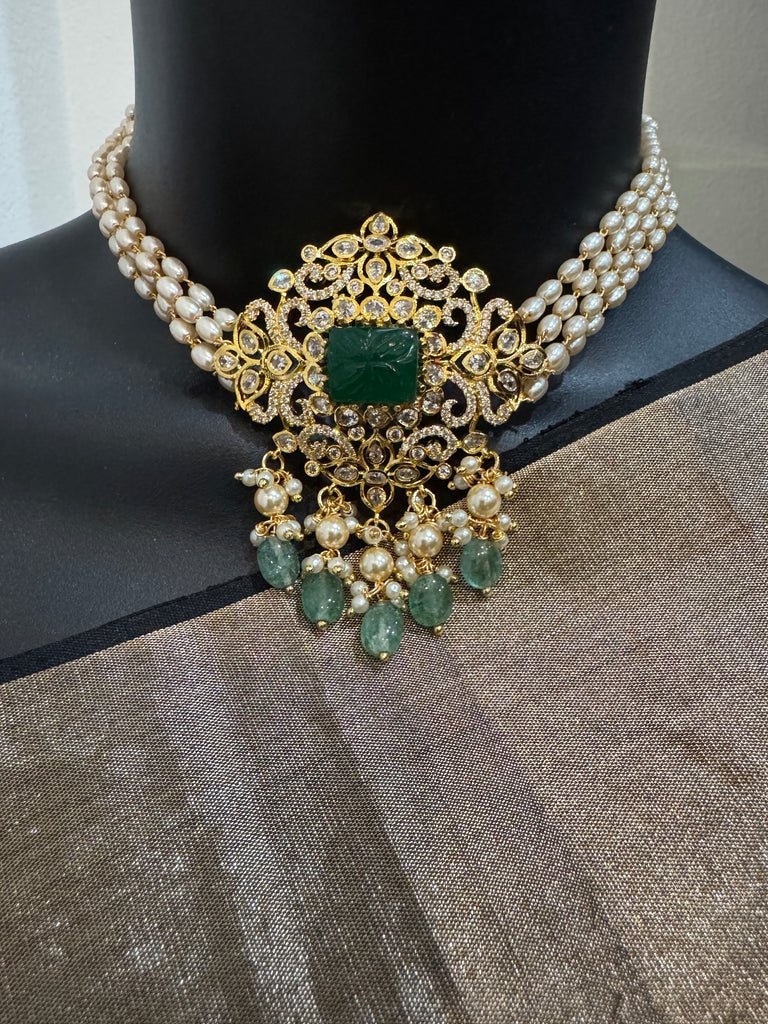 Pearl with CZ stones and emerald pendant & earrings