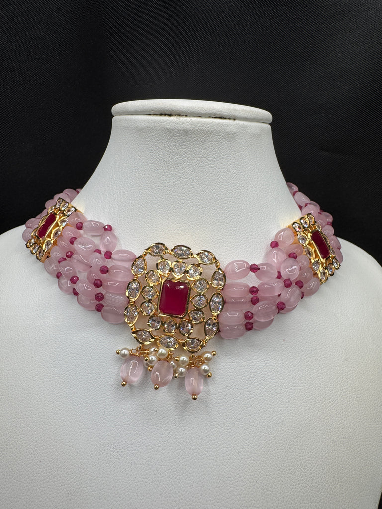 Pink & Red beads with cute CZ stones small pendant with matching earrings