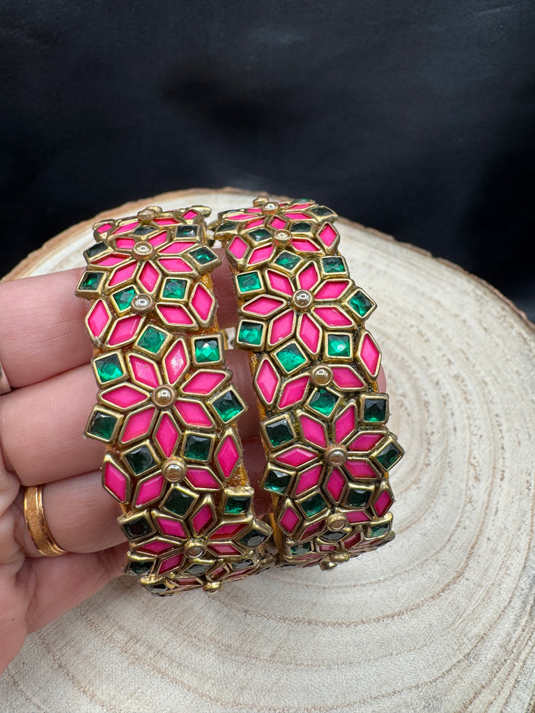 Bright pink and green color handmade Kundan kada bangles
