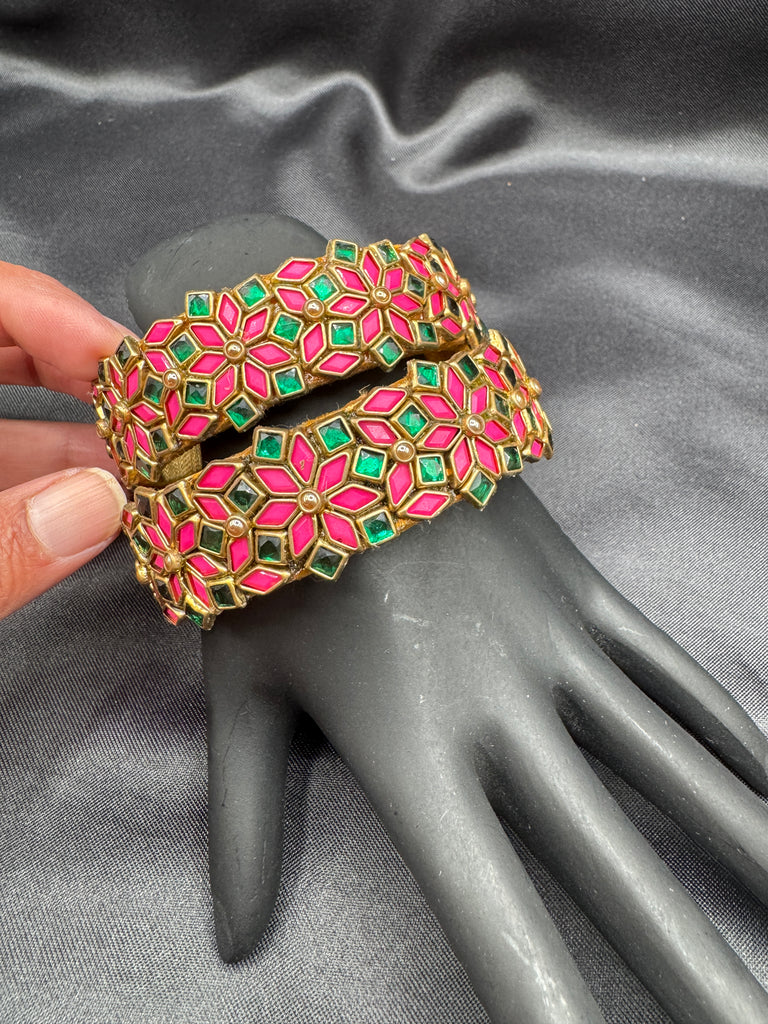 Bright pink and green color handmade Kundan kada bangles