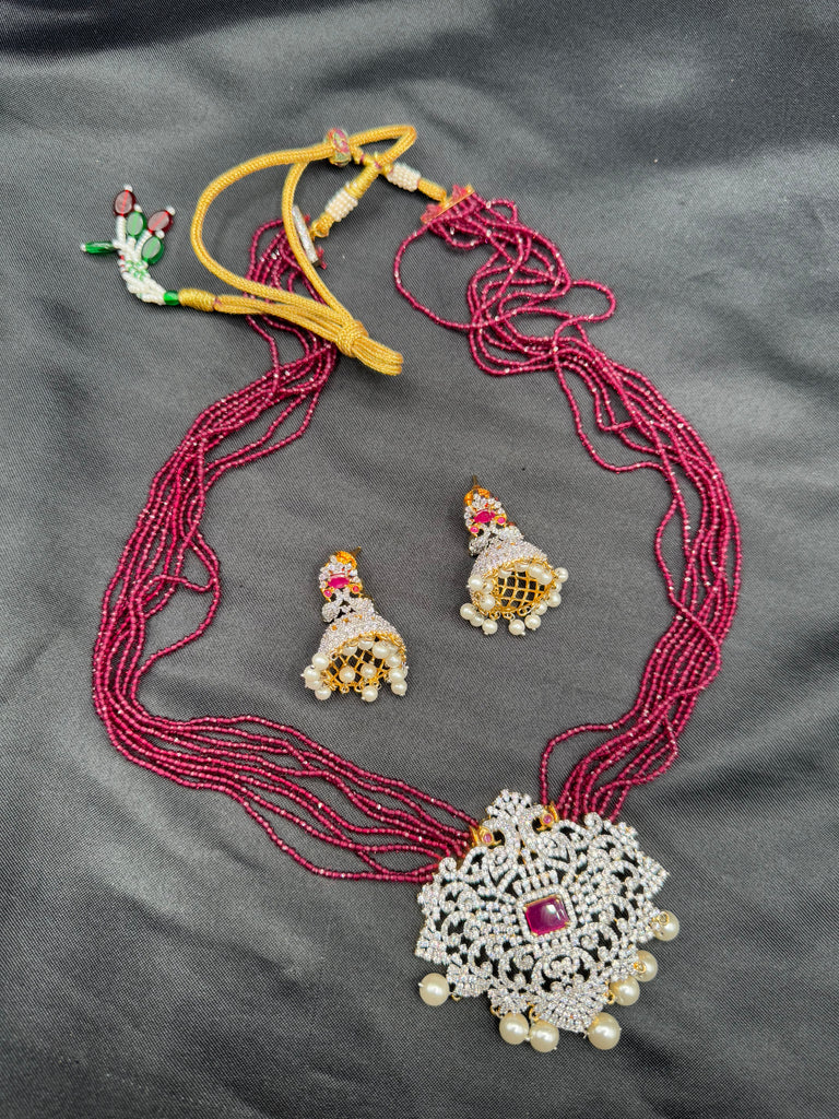 High-quality pink color beads with cz Stones peacock design pendant with matching jumka earrings