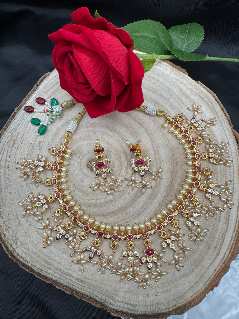Pearls with Ruby stones guttapusalu necklace