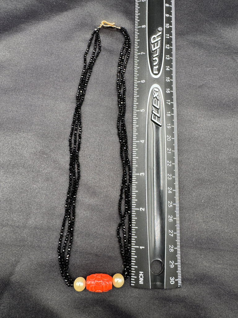 Natural Coral engraved flower with Swarovski pearls black diamond beads chain
