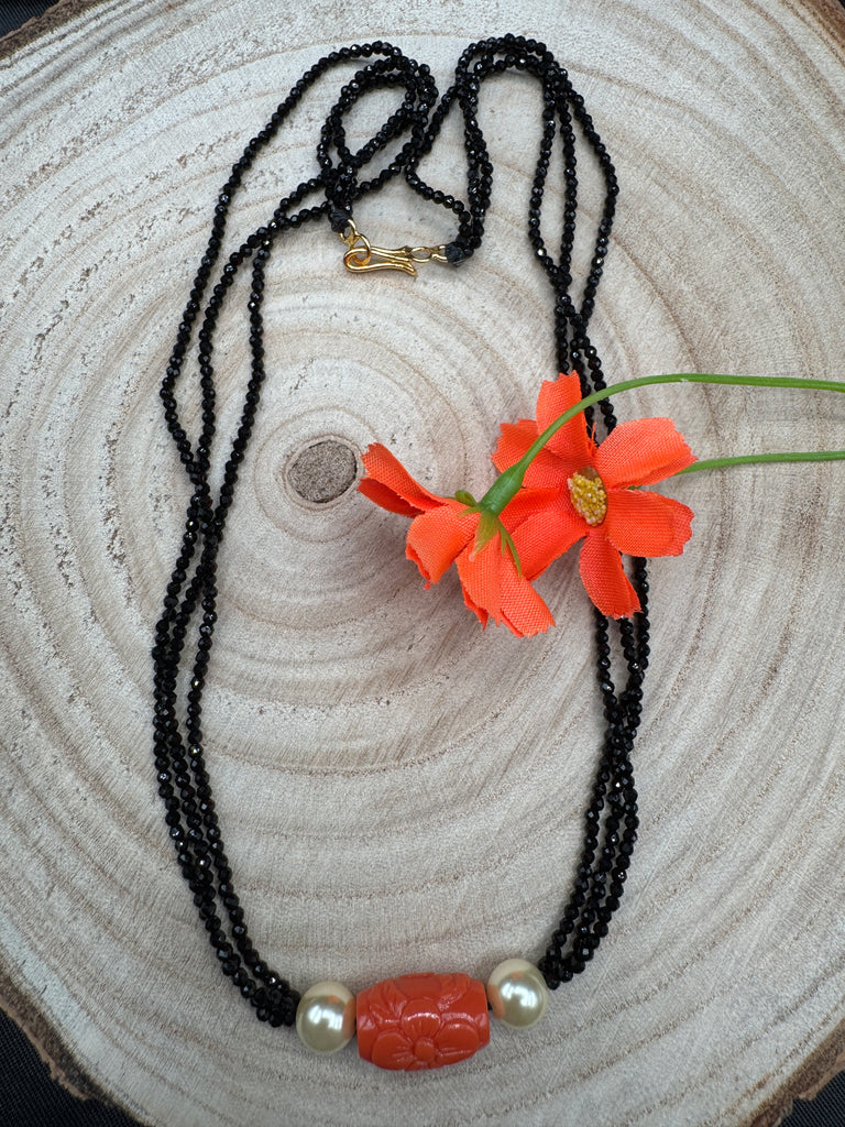 Natural Coral engraved flower with Swarovski pearls black diamond beads chain