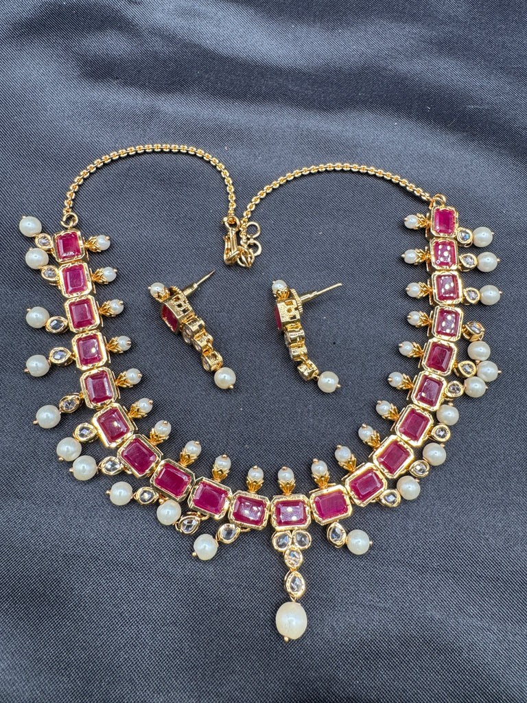 Ruby stones and uncut Stones and pearls necklace set