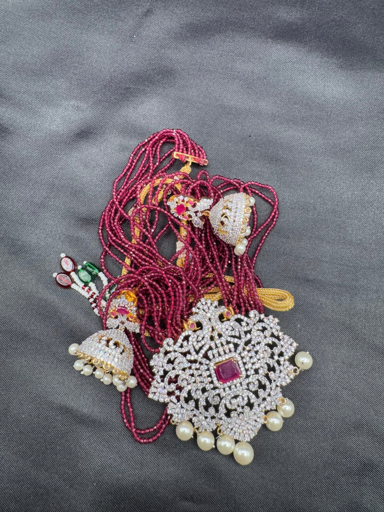 High-quality pink color beads with cz Stones peacock design pendant with matching jumka earrings
