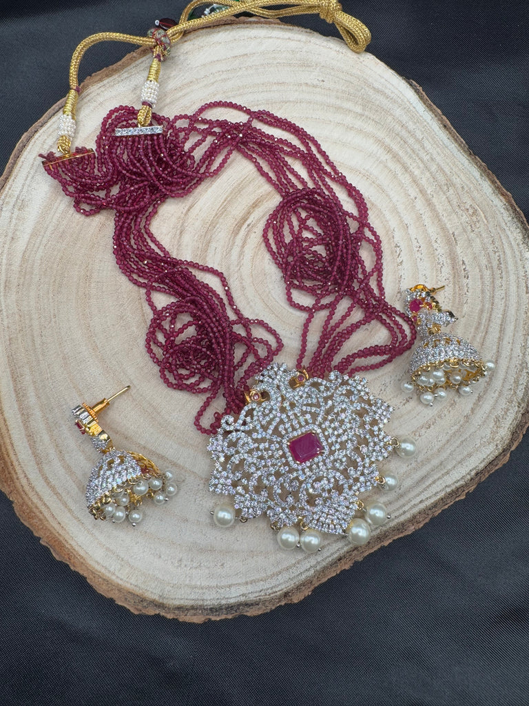 High-quality pink color beads with cz Stones peacock design pendant with matching jumka earrings