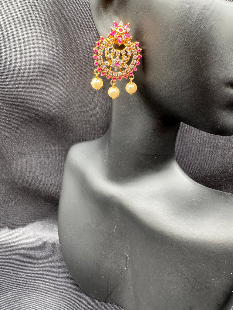 Ruby stones and cz stones with pearls chandbali earrings