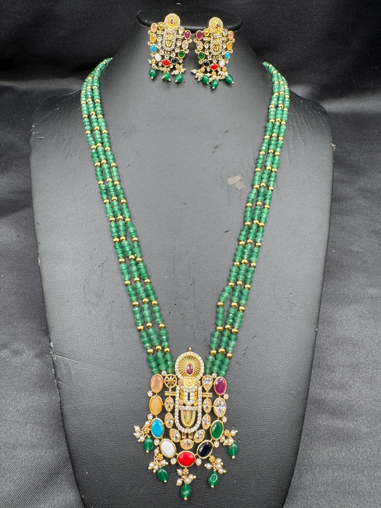 Long three-line Emerald bead chain with Navrathana Stones Venkateshwara Swamy pendant with matching earrings