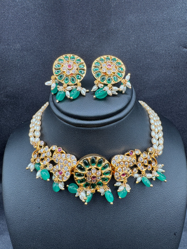 Pearl with CZ stones and emerald pendant & earrings