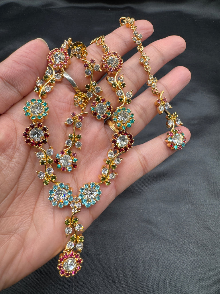 Cute multicolor stone necklace set with a tikka