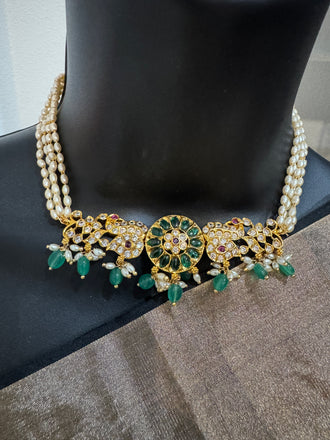 Pearl with CZ stones and emerald pendant & earrings