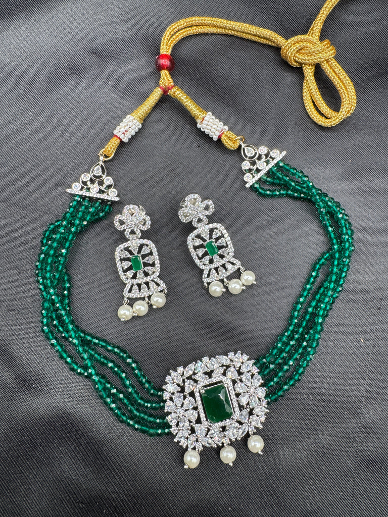 Emerald beads with cute CZ stones small pendant with matching earrings