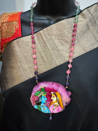 Natural pink sea Crystal hand-painting Radha & Krishna pendant
