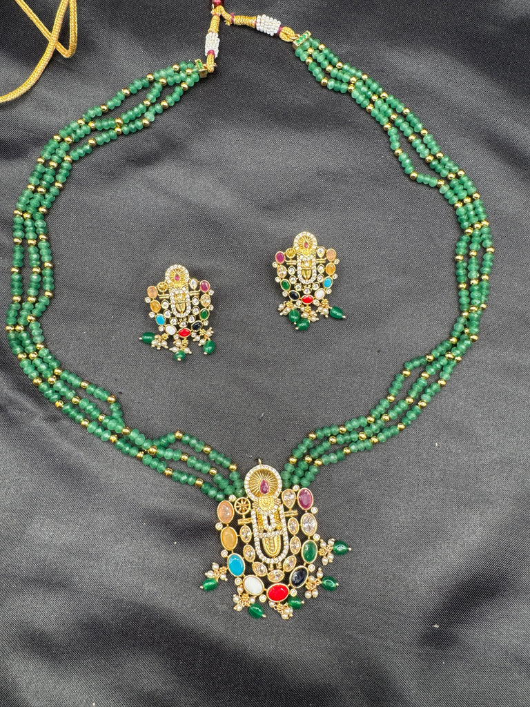 Long three-line Emerald bead chain with Navrathana Stones Venkateshwara Swamy pendant with matching earrings