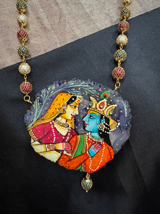 Natural sea Crystal hand-painted Radha & Krishna pendant with multicolored beads netted chain