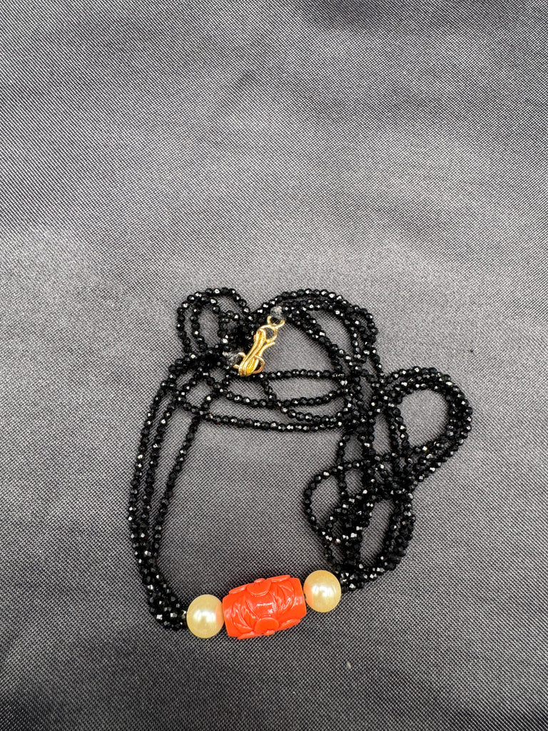 Natural Coral engraved flower with Swarovski pearls black diamond beads chain