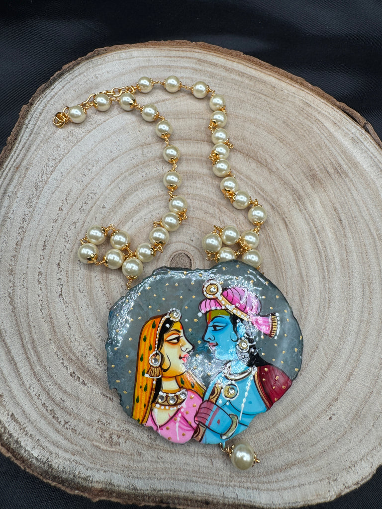 Light gray natural sea crystal hand painting Radha & Krishna pendant with Swarovski pearls chain