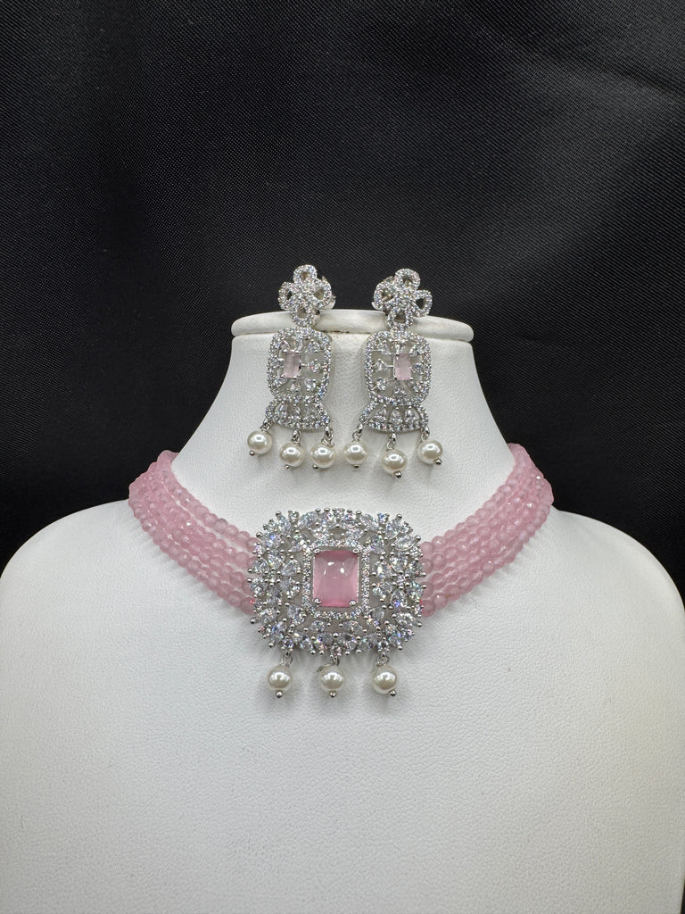 Light baby Pink beads with cz stones pendant and matching earrings choker set