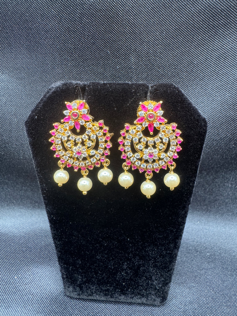 Ruby stones and cz stones with pearls chandbali earrings