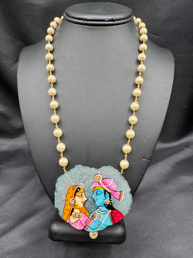 Light gray natural sea crystal hand painting Radha & Krishna pendant with Swarovski pearls chain