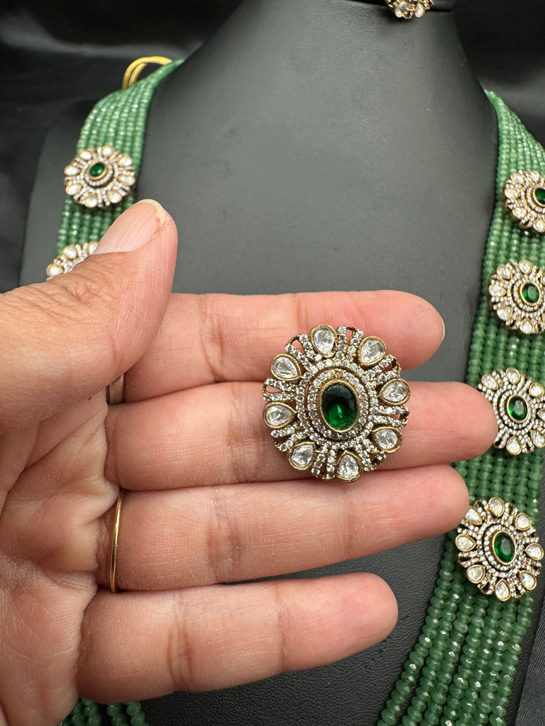 Light green beads with cz stones and moissanite stones side pendants