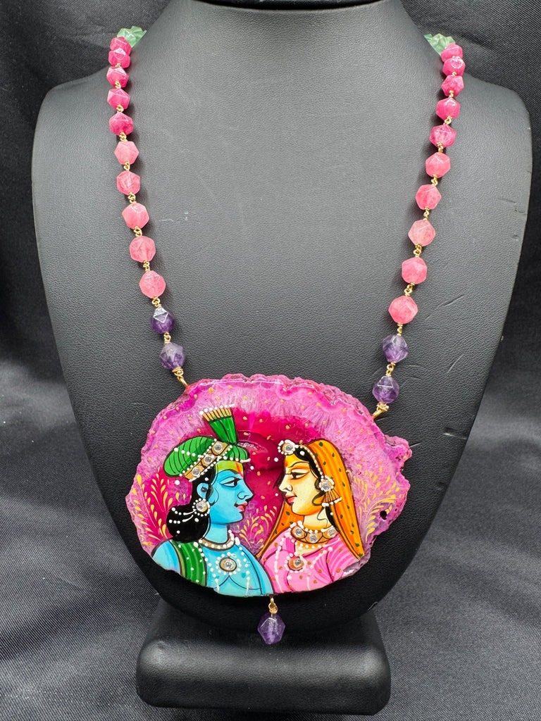 Natural pink sea Crystal hand-painting Radha & Krishna pendant