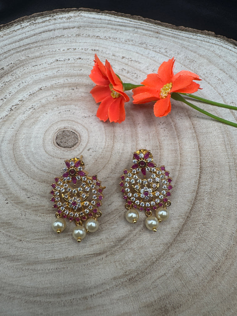 Ruby stones and cz stones with pearls chandbali earrings