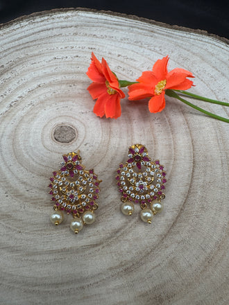 Ruby stones and cz stones with pearls chandbali earrings