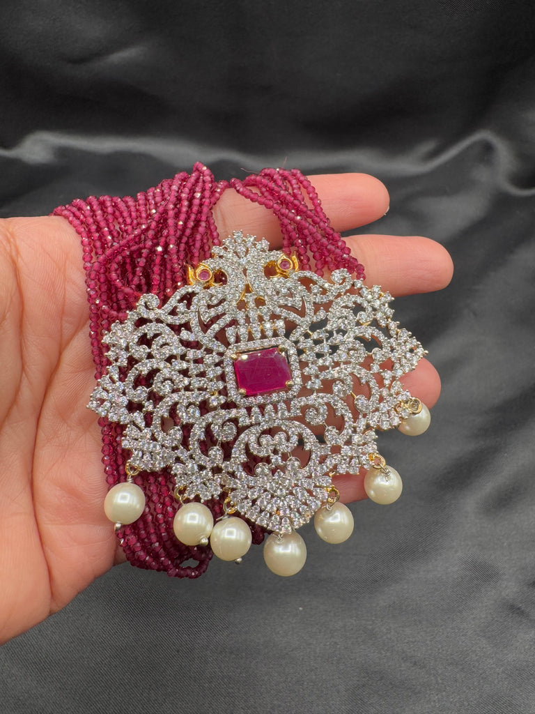 High-quality pink color beads with cz Stones peacock design pendant with matching jumka earrings