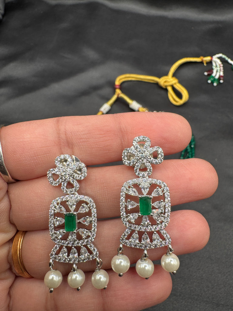 Emerald beads with cute CZ stones small pendant with matching earrings
