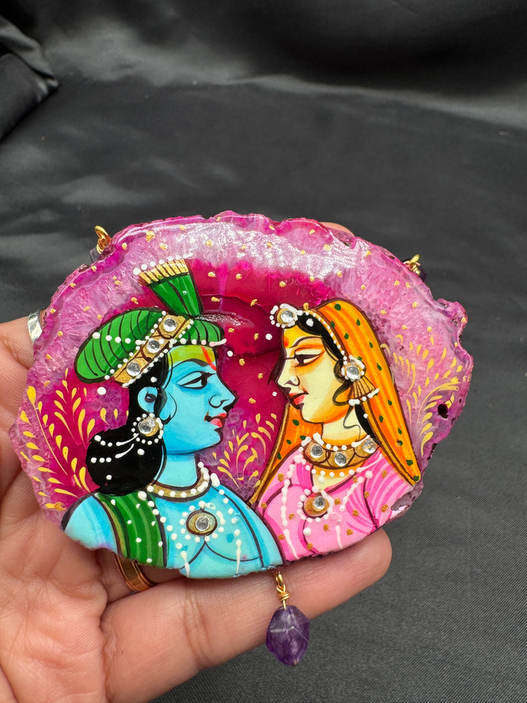 Natural pink sea Crystal hand-painting Radha & Krishna pendant
