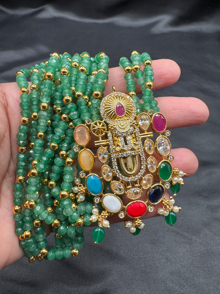 Long three-line Emerald bead chain with Navrathana Stones Venkateshwara Swamy pendant with matching earrings