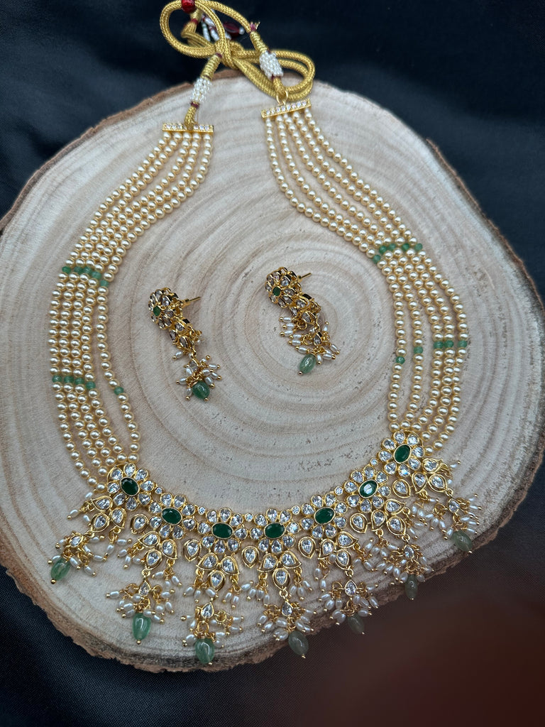 Original Swarovski pearls with emerald beads with cz stones pendant with matching earrings