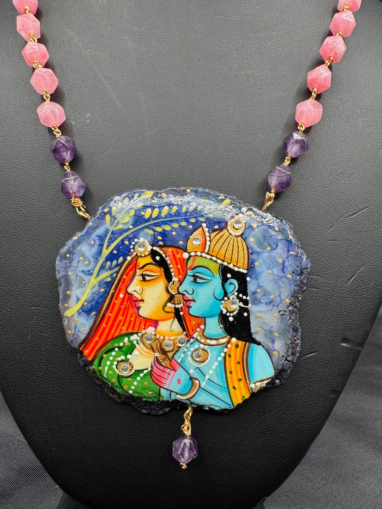 Natural sea Crystal hand painting Radha & Krishna pendant