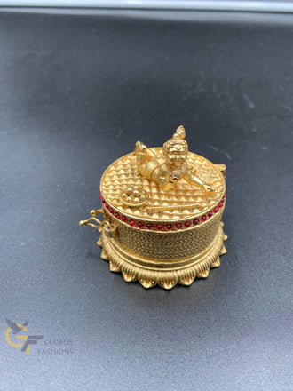 Ruby stones antique small Krishna sliding kumkum & turmeric box