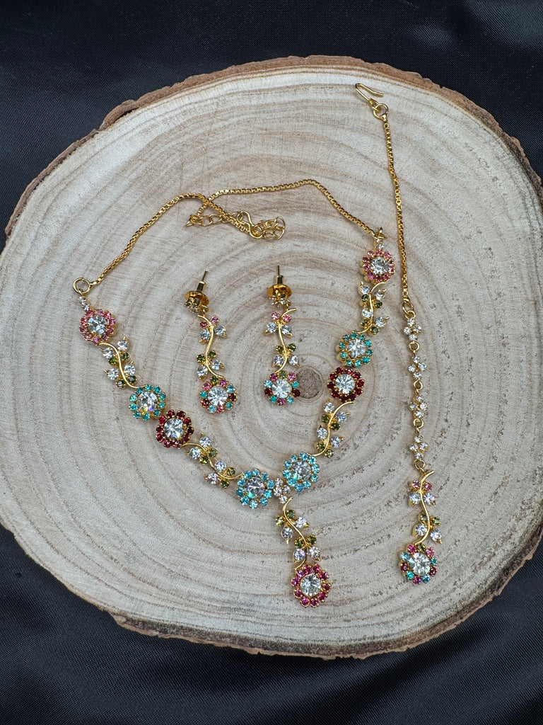 Cute multicolor stone necklace set with a tikka