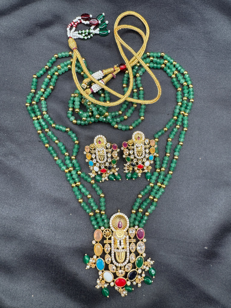 Long three-line Emerald bead chain with Navrathana Stones Venkateshwara Swamy pendant with matching earrings