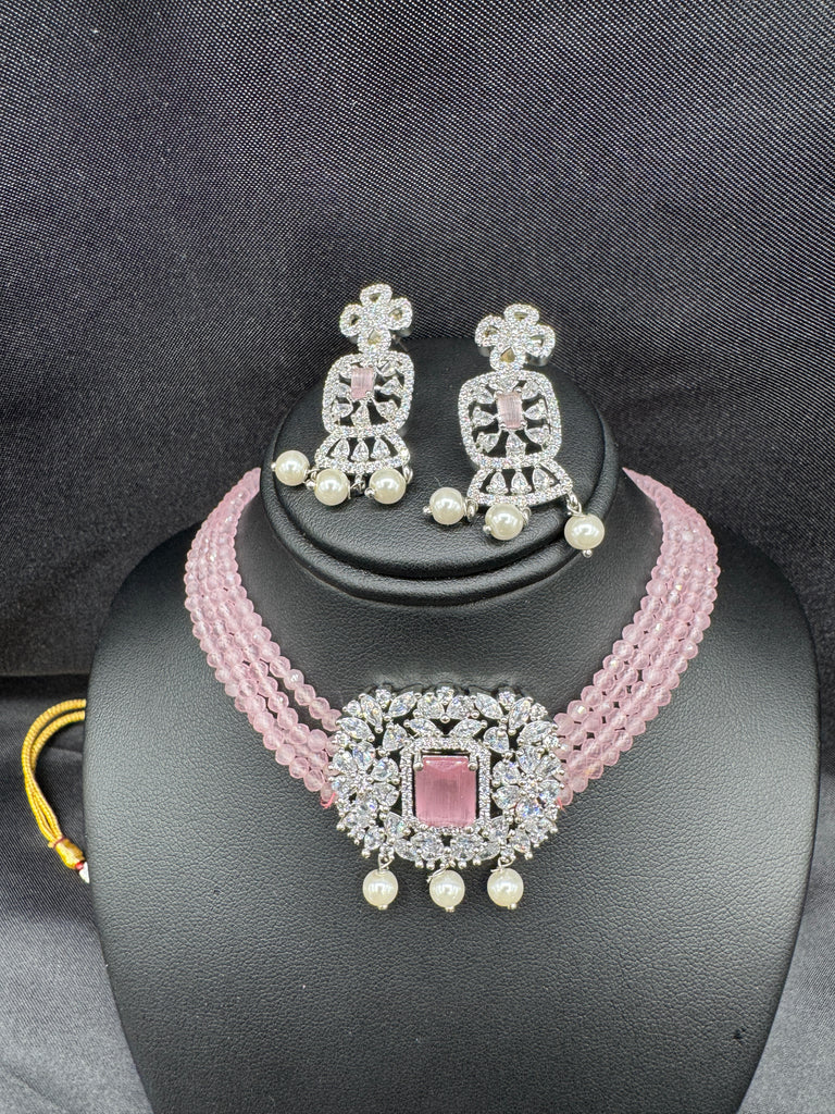 Light baby Pink beads with cz stones pendant and matching earrings choker set