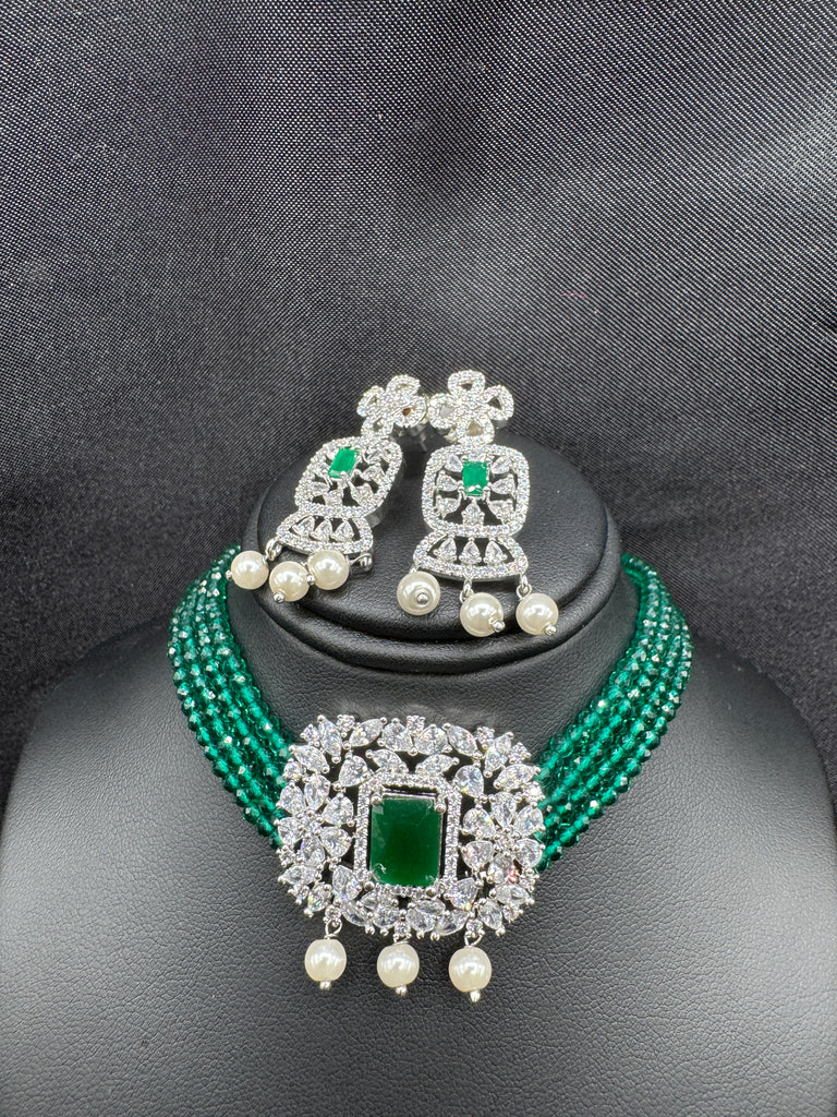 Green crystal beads with cz stones pendant and matching earrings