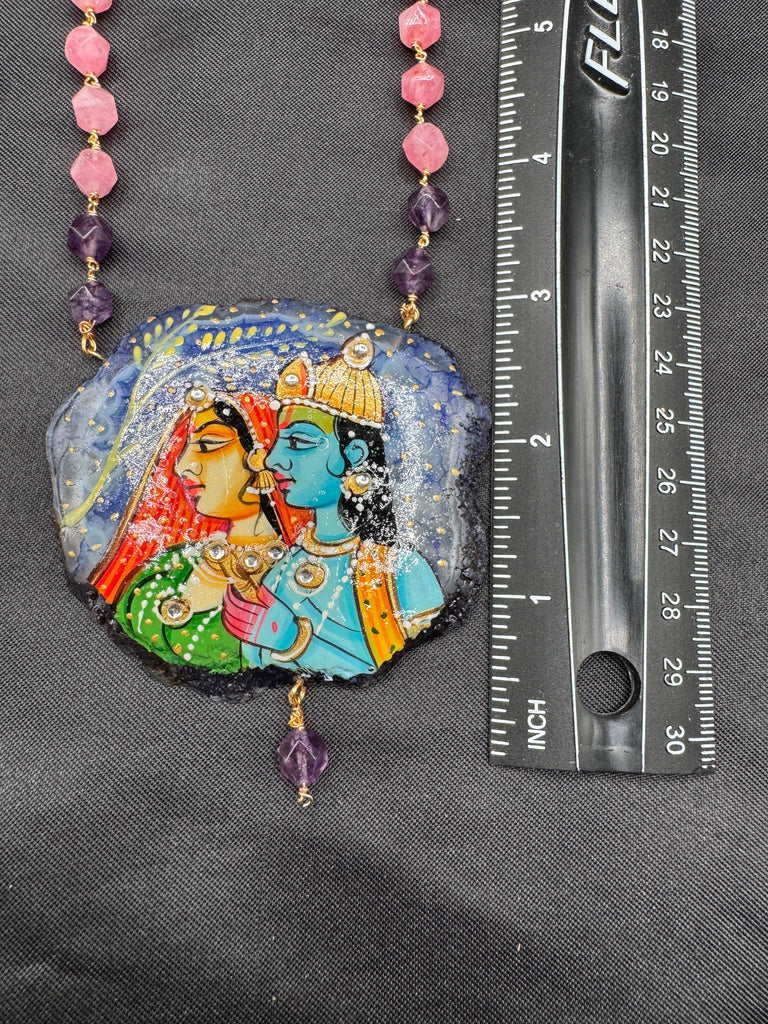 Natural sea Crystal hand painting Radha & Krishna pendant