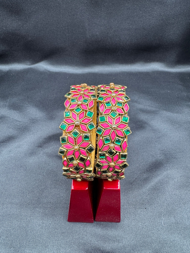 Bright pink and green color handmade Kundan kada bangles