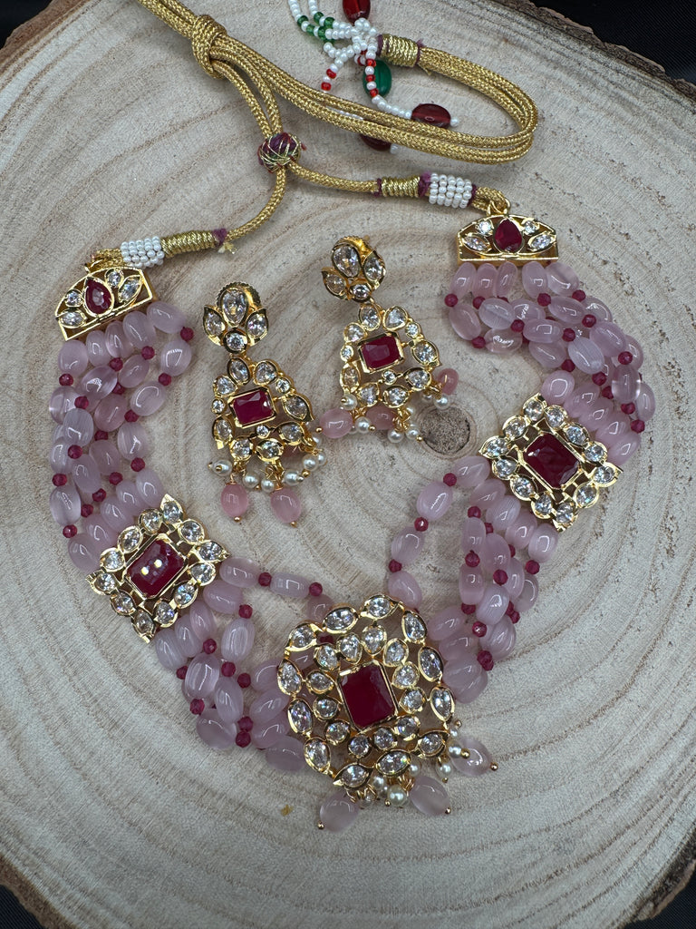 Pink & Red beads with cute CZ stones small pendant with matching earrings