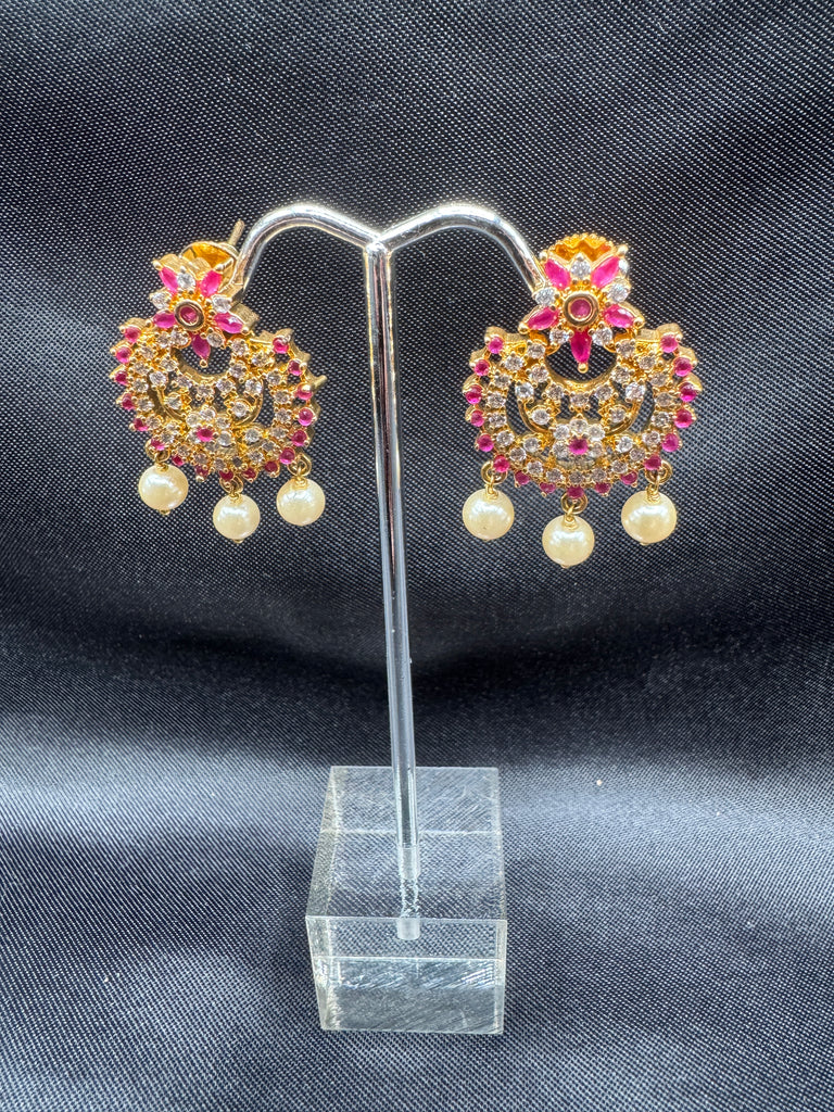 Ruby stones and cz stones with pearls chandbali earrings